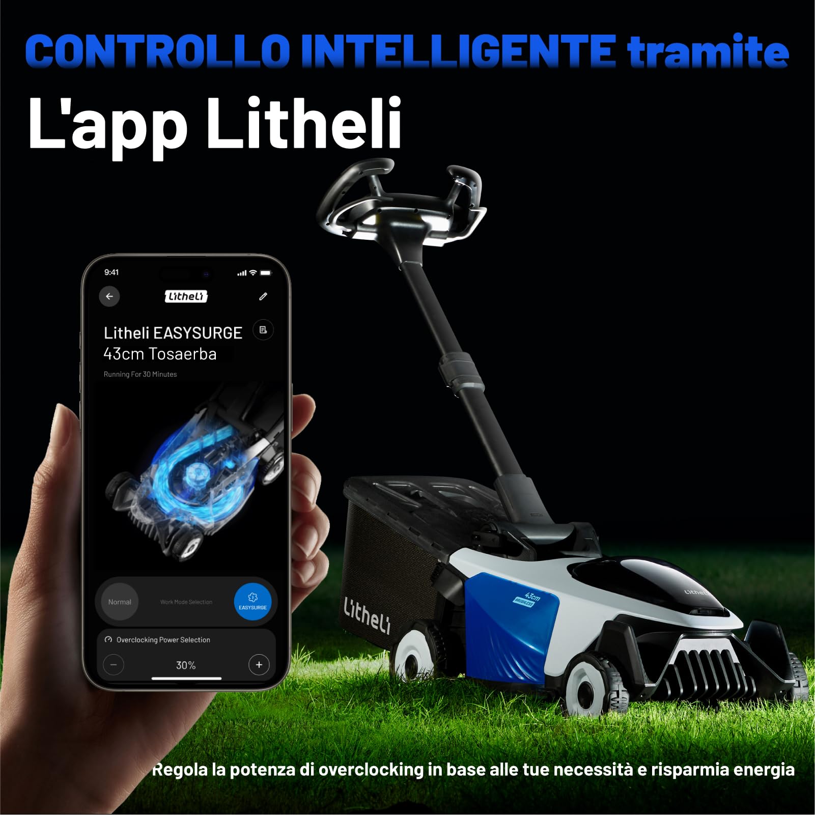 Litheli Easysurge - Cortacésped con batería (43 cm, autopropulsado (2,2 – 4,7 km/h), cesta de 50 L, altura de corte de 25 – 75 mm, hasta 500 m², cortacésped eléctrico, incluye 2 baterías de 4,0 Ah