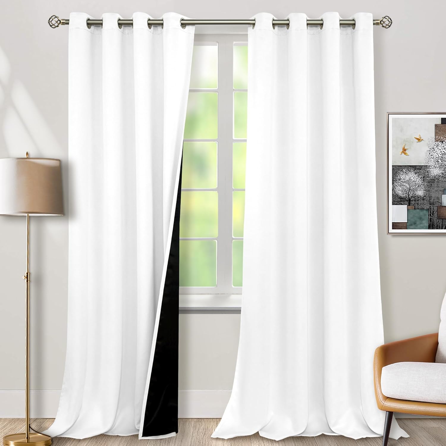 bgment white blackout curtains 95 inches long 2 panels set for living room, thermal insulated 95 length curtains & drapes, grommet 100% black out soundproof curtains for bedroom window, each 52 wide white 52"w x 95"l (pack of 2)