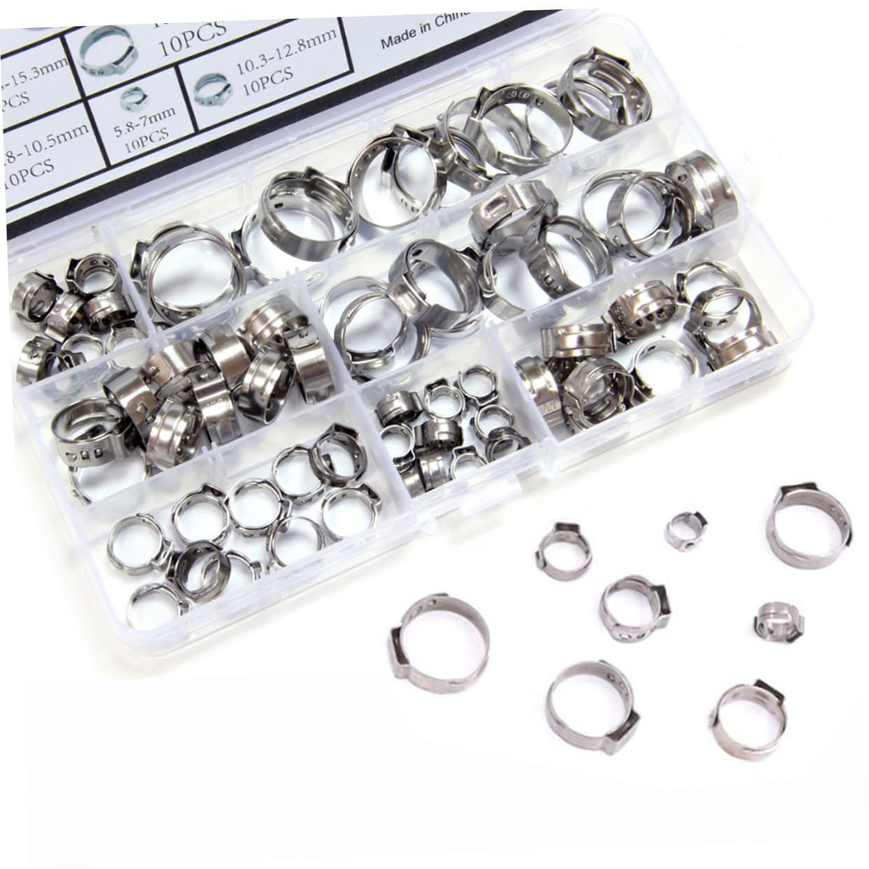 SOLUSTRE Single Ear Clamp Kit 70pcs Set Stainless Steel Hose Clamp 7-21mm Diameter for Cables and Pipes