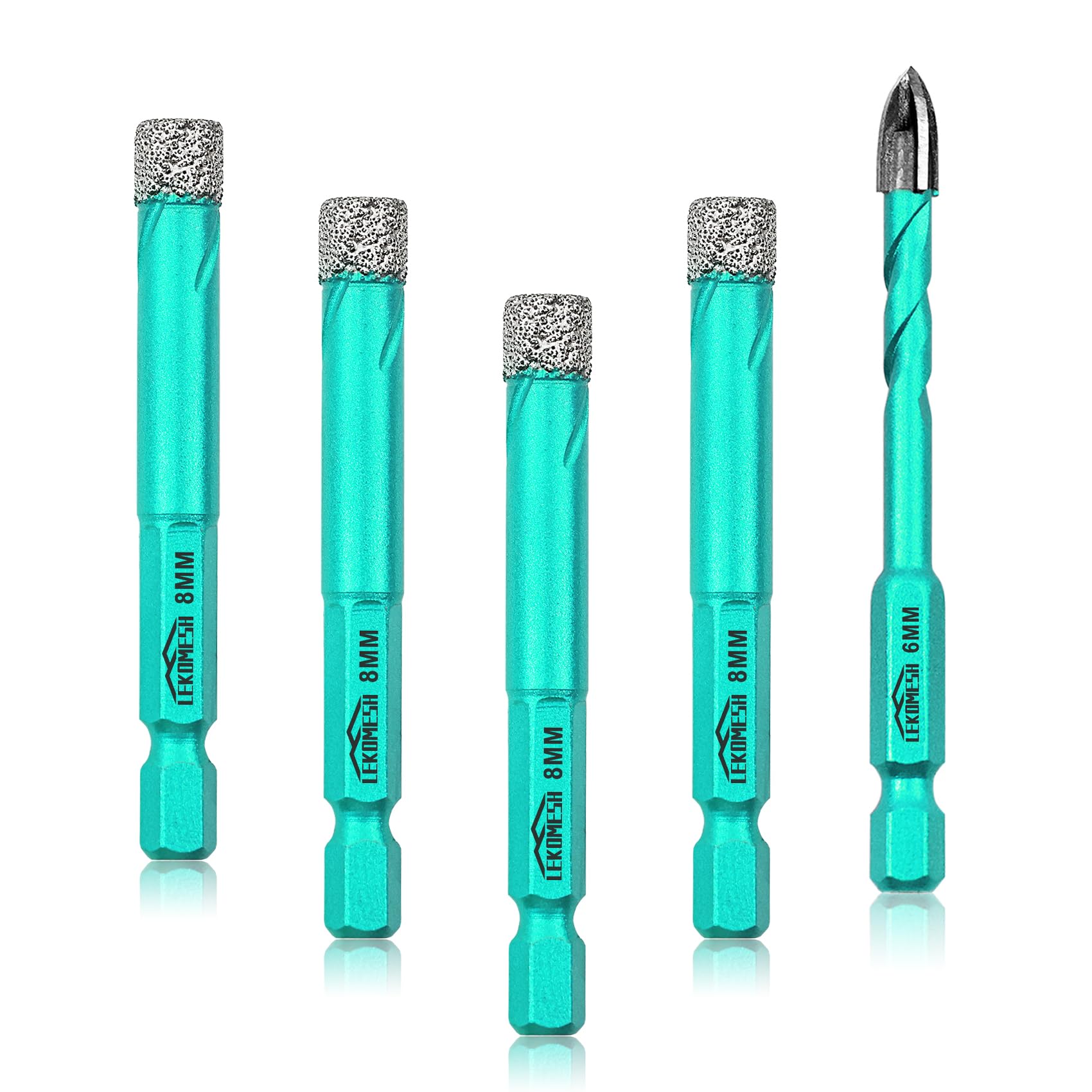 LEKOMESH Diamond Drill Bit Kit - 4pcs 8/8/8/8MM Diamond Hole Saw & 1pc 6MM Carbide Drill with Quick Change Hex Shank for Porcelain Tile Drill Bits for Ceramic Marble Granite Stone Quartz