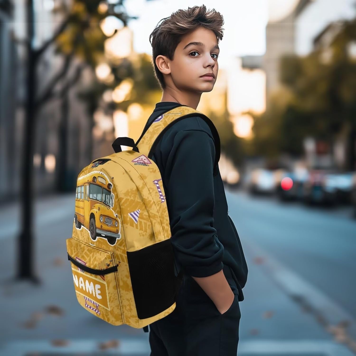 Custom Backpack for Kids School Bus Theme Personalized Backpack for Boys 6-8 8-10 Preschool Elementary Middle Student 17 inch Travel Bookbag Daypack