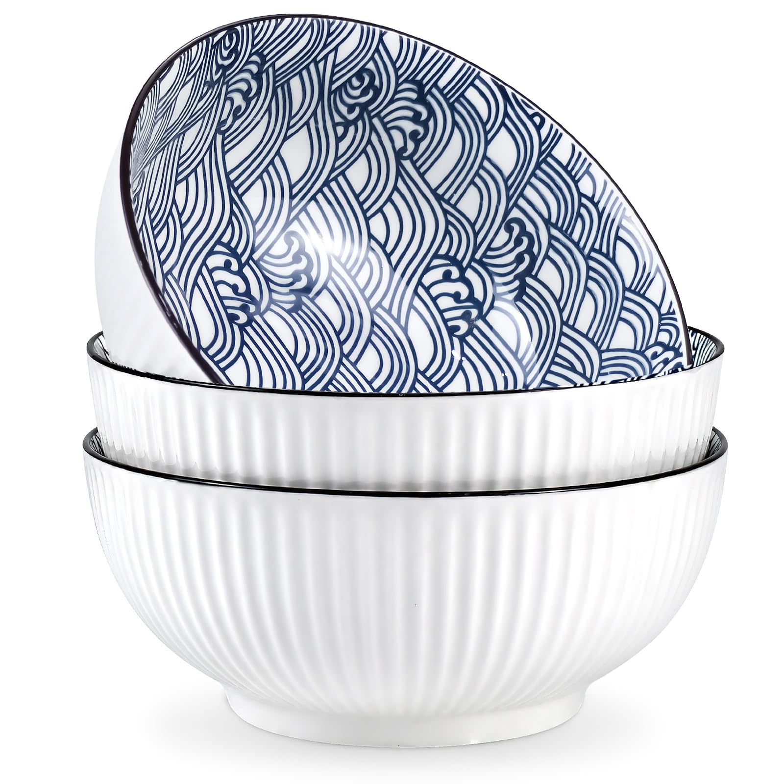 JTKDG Ramen Bowls Set of 3, 1800ml Ceramic Noodle Bowls, Wave Pattern