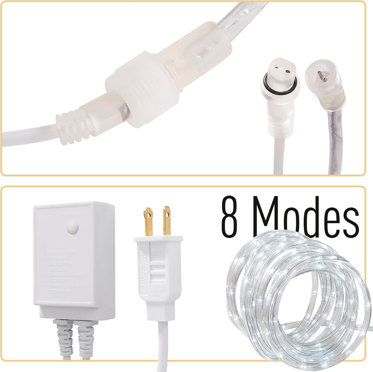 50ft Rope Lights Outdoor, Connectable & Flexible Tube Lights with 8 Modes Controller,Waterproof White LED Rope Lighting for Deck,Garden,Pool,Patio,Bedroom,Party,Indoor & Outside Landscape Lighting