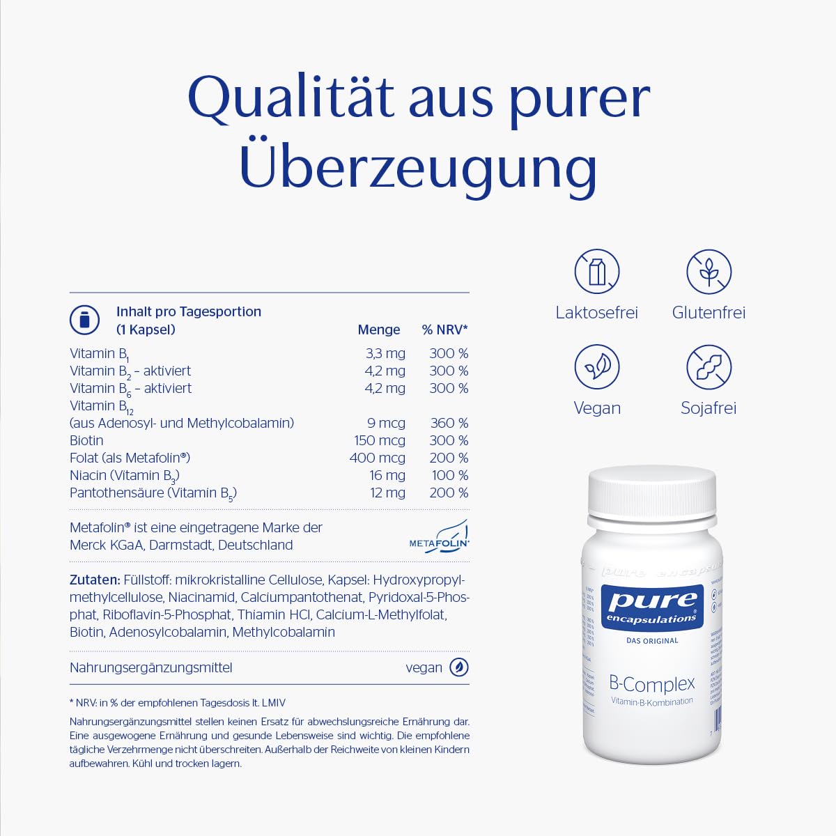 Pure Encapsulations B-Complex | 8 B-Vitamine im optimalen Verhältnis | B1, B2, B6, B12, Biotin, Folat (als Metafolin), Niacin (B3), Pantothensäure (B5) in aktivierter Form | 120 Kapseln (4 Monate)