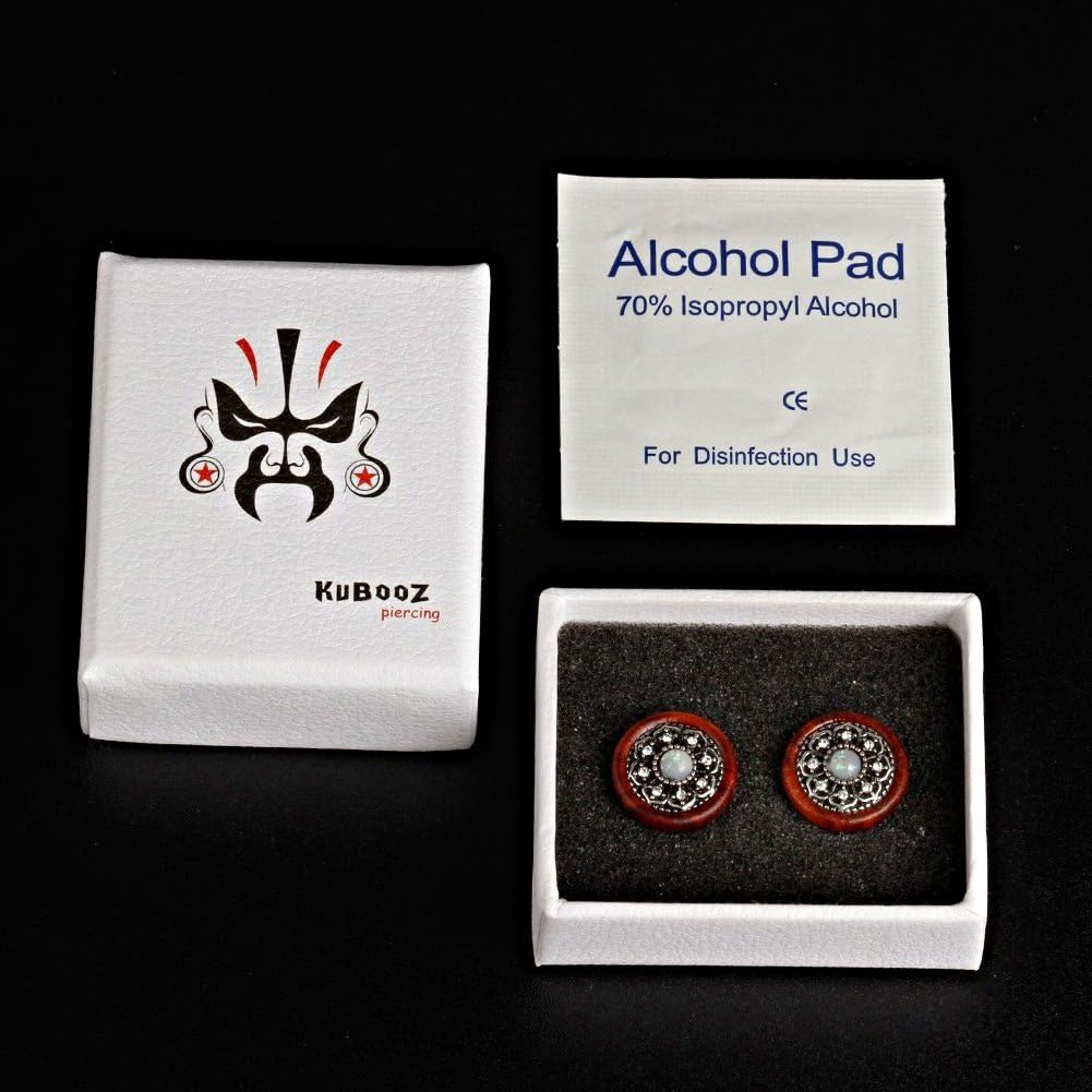 KUBOOZ(1 Pair Vintage Wood Opal Center Flower Ear Plugs Tunnels Gauges Stretcher Piercings.