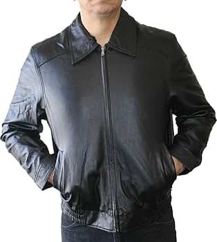 Men Short Waist Black Genuine Leather Casual Classic Basic Bomber