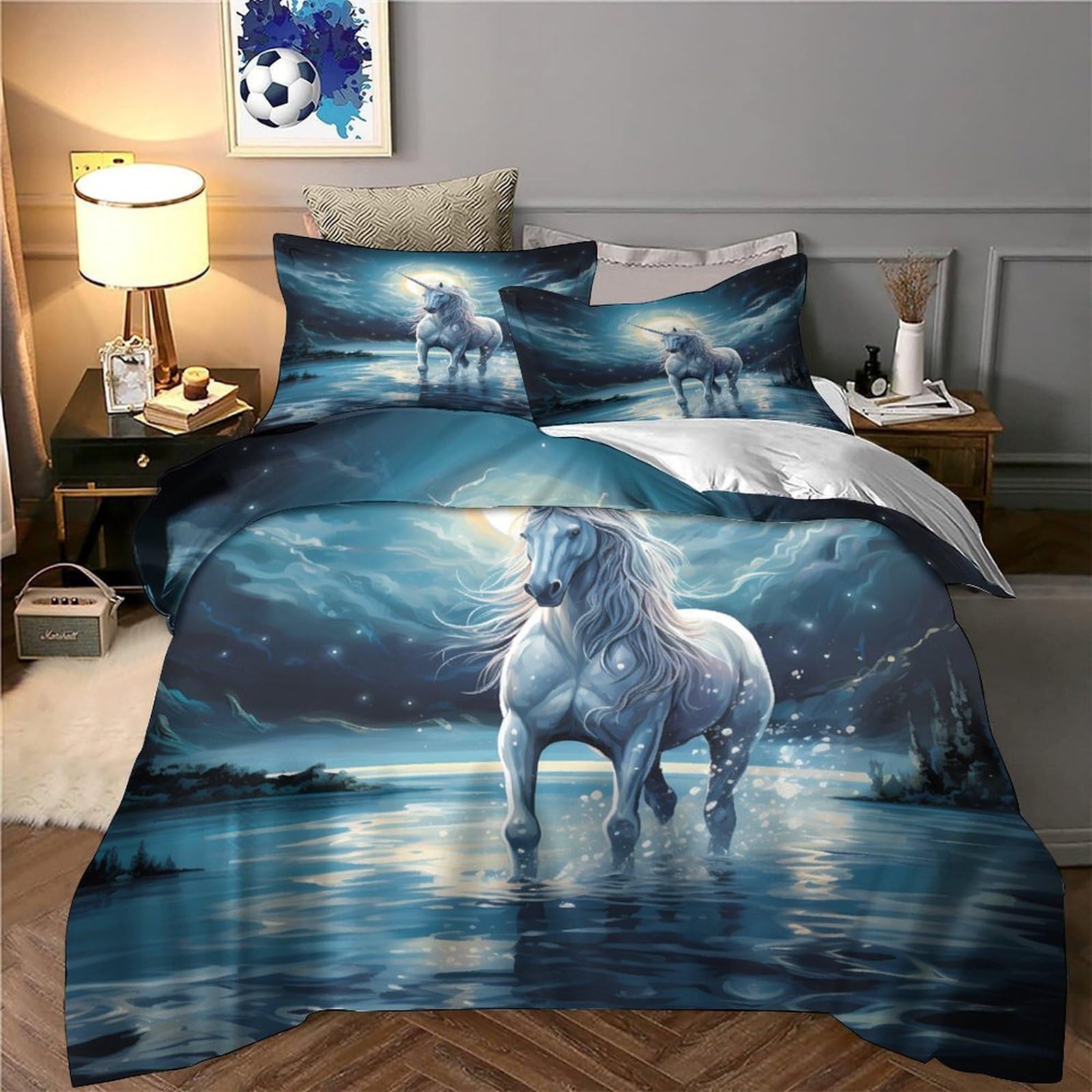 Fantasia di unicorno Impressione 3D 3 pz fodera per edredone Arte di creature mitiche coperteletto microfibra ipoallergenica antiacari per ragazzi uomini adulti Super king（260x220cm）