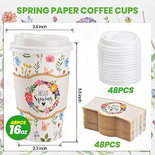 Miniatura 2 de Juego de 48 tazas de café desechables florales de primavera con tapas y fundas de 16 onzas, tazas de papel Hello Spring To Go para bebidas para