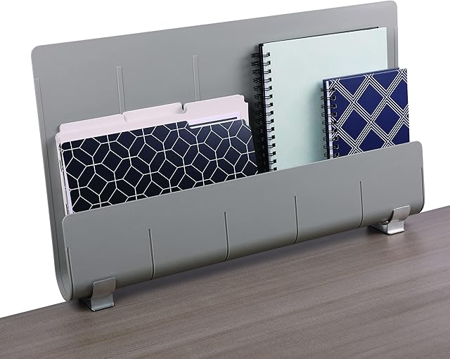 Deflecto Space Saving Desk Accessories, 24" Store 'n' Screen Privacy Panel for Computer Screen, Lightweight Desk Mounted Privacy Panel with Extra Storage, Desk Tidy - Grey