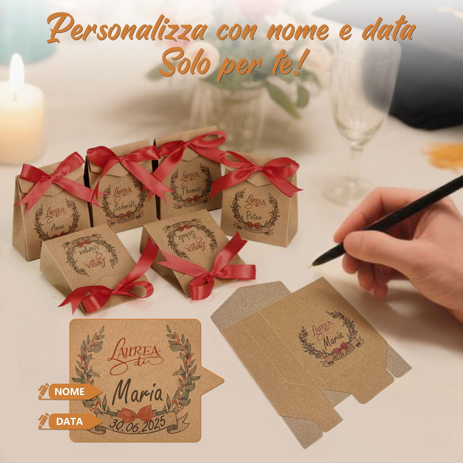 LEMESO Bomboniere Laurea 25pz, Scatoline Portaconfetti Laurea con Nastro Rosso, Motivi Originali da Scrivere Nome e Data, Scatoline Regalo 10x8x4cm