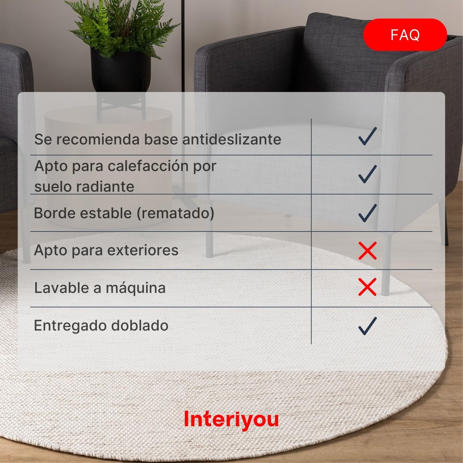 Interiyou Alfombra Salon Artesanal de algodón Riga - 120x120 cm Redondo Crema - Tejido a Mano para Sala, Dormitorio - 100% artesanía de Fibra Natural