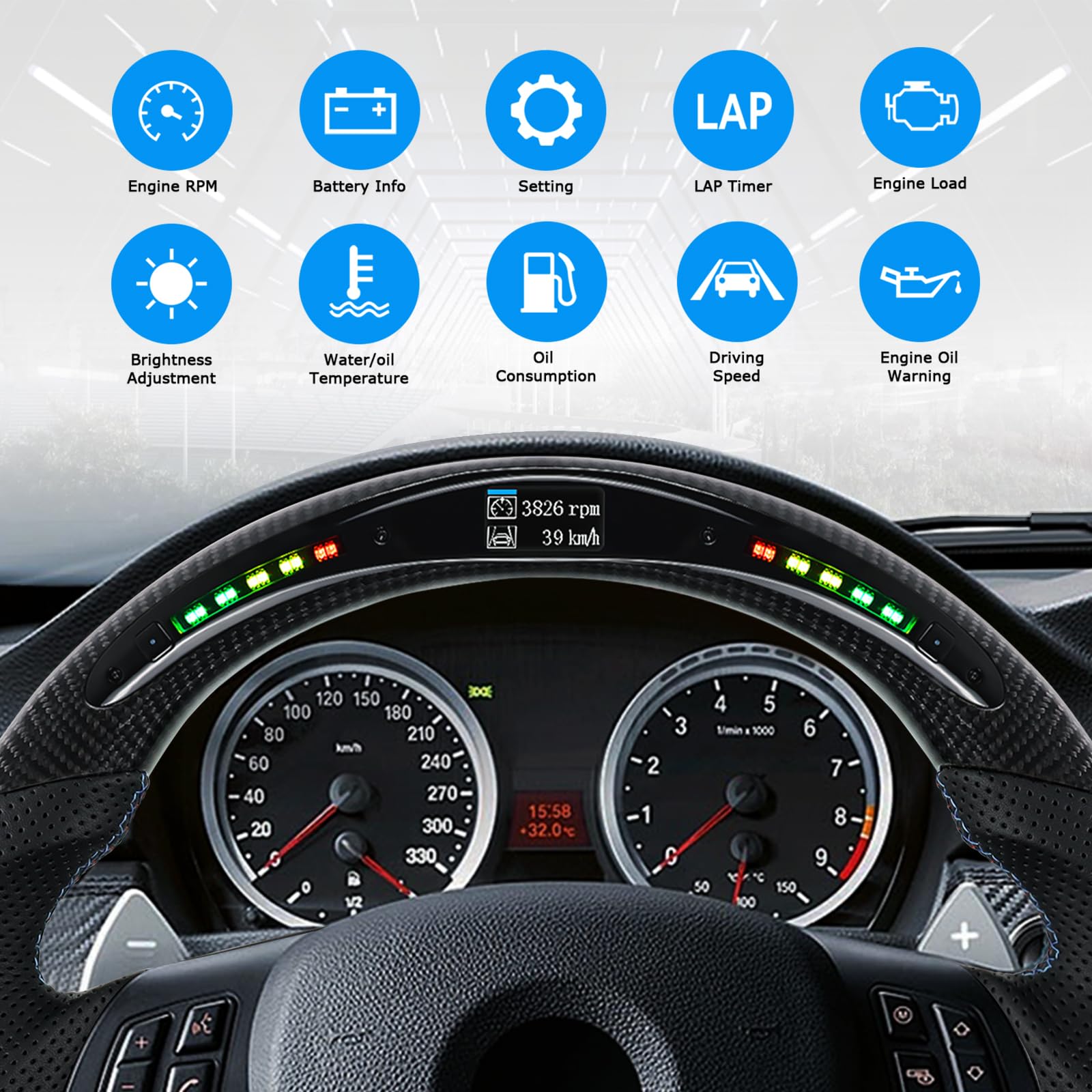 Carbonfaser-Lenkrad, Kuppel flachen Boden LED Schaltanzeige Lenkrad mit scharfen Paddel Löcher für BMW M Sport 1/3 Serie M3/E88 E90 E91 E92 E93 2005-2012