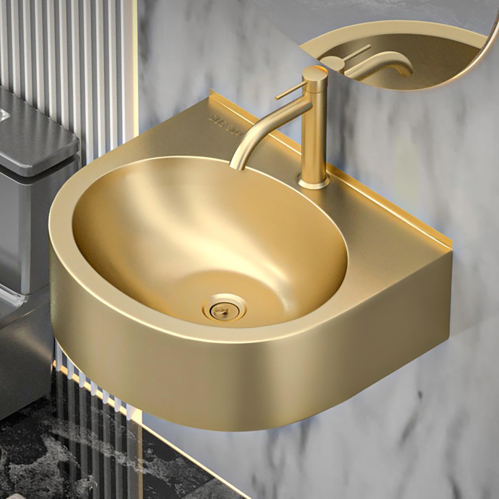 Eckwaschbecken Aus Edelstahl,Wandhängendes Aufsatzwaschbecken Badezimmer,Oval Eckig Waschbecken,Modernes Waschbecken,Waschbecken Gäste Wc,Handwaschbecken Klein Gäste Wc,Für Kleine Räume(Gold)