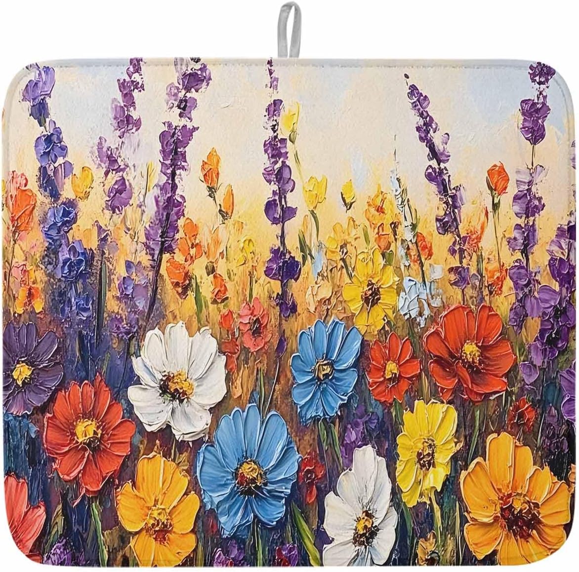 Dish Drying Mat for Kitchen Counter Spring Colorful Daisy Lavender Retro Oil Painting Highly Absorbent Dish Drainer 18 x 24 Inches Dish Drying Pad for Kitchen Counter, Sink, Draining Racks 2PCS