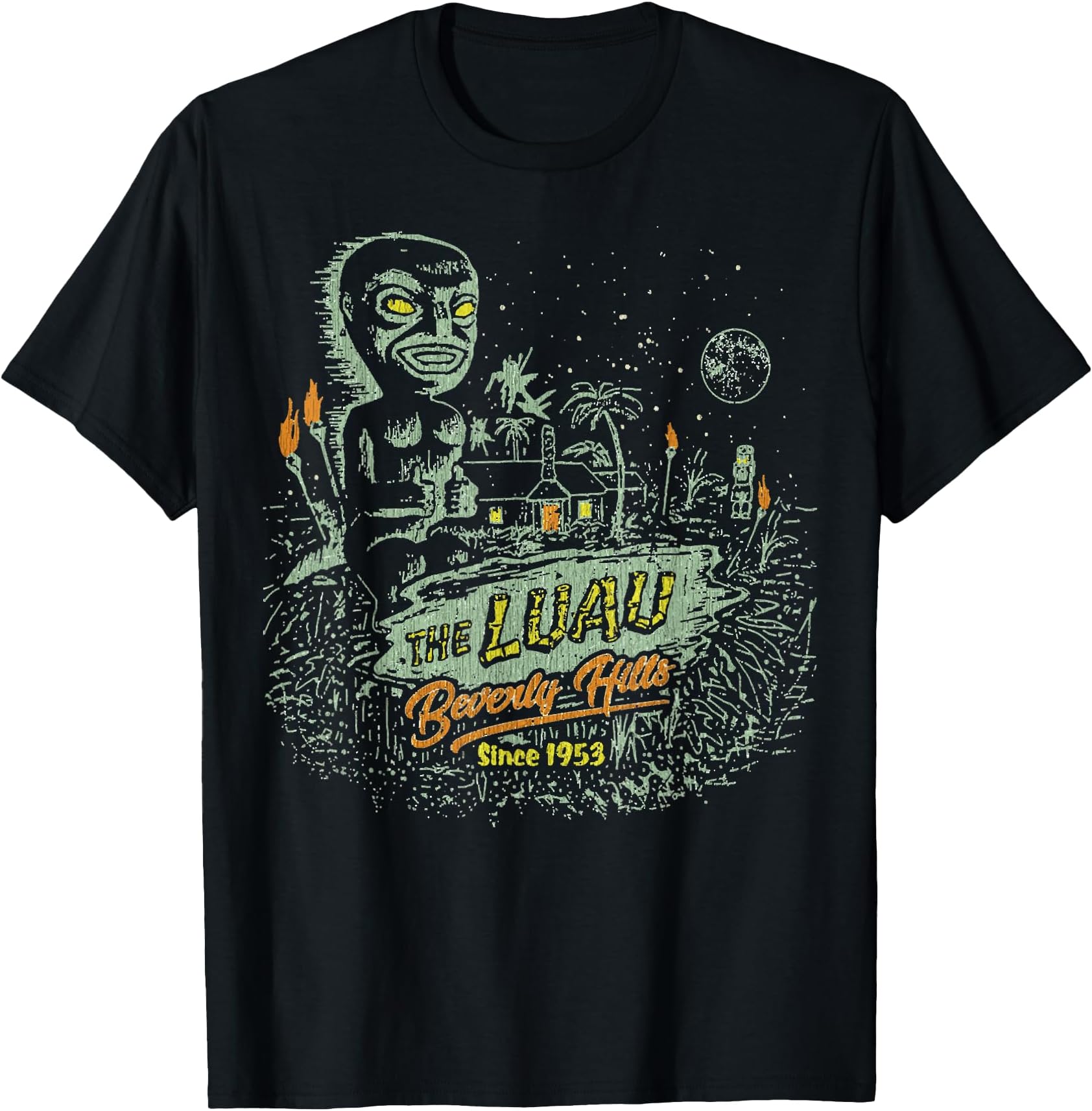 Tiki Night Monster Island Luau Palm Torch Moon Beverly Hills T-Shirt