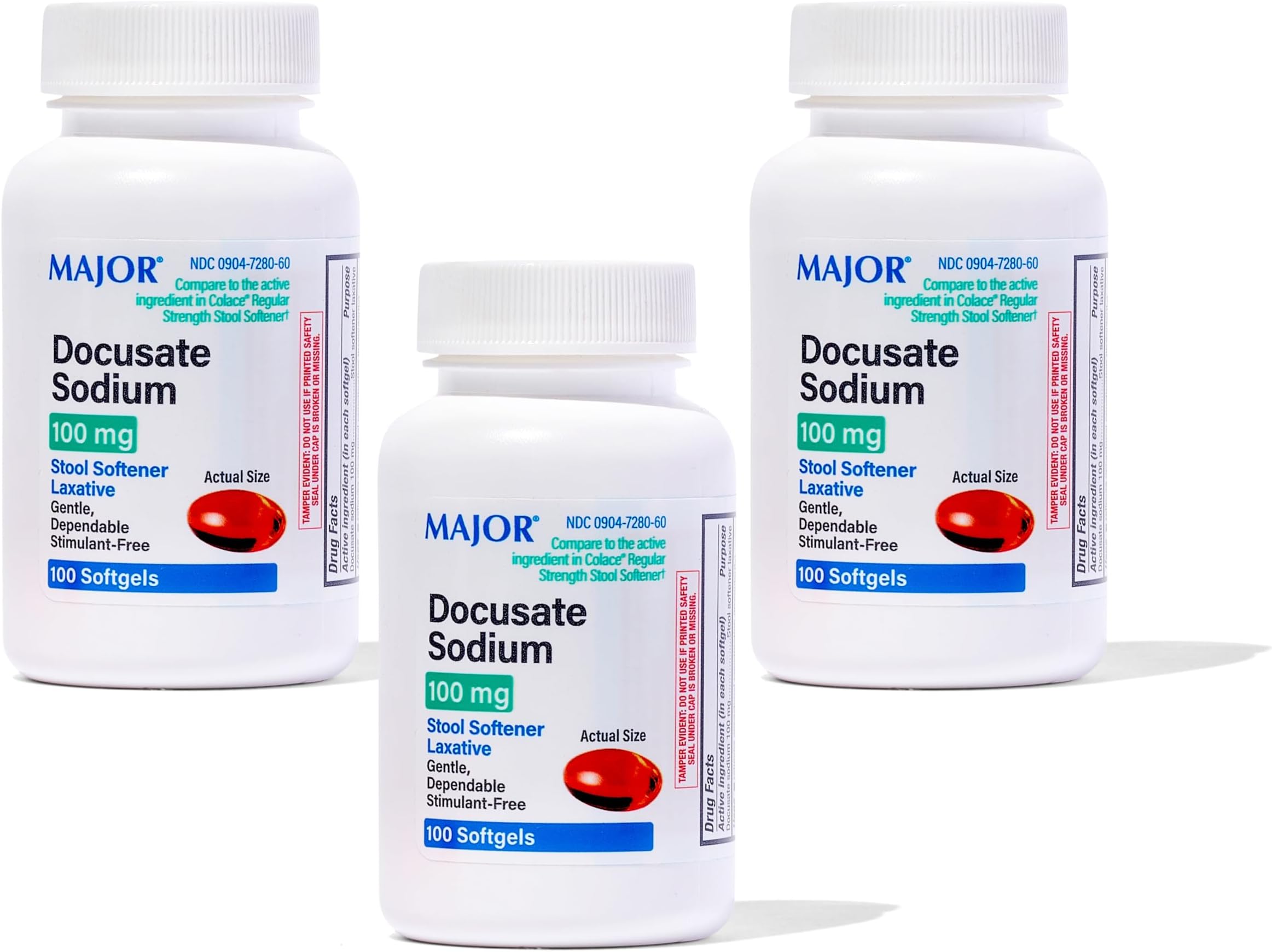 MAJOR Docusate Sodium 100 mg - Stool Softener Tablets for Constipation Relief - Helps Stop Constipation - Stool Softeners for Women, Men, and Kids Ages 12+ - 100 Tablets (3 Pack)