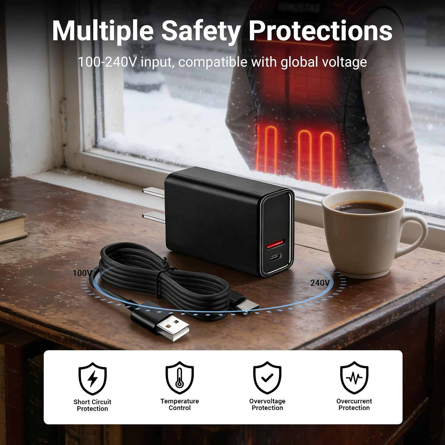 20W Fast Charger Compatible with Venustas Heated Vests, Jackets &Hoodies Dual Port Power Adapter USB-C & USB-A