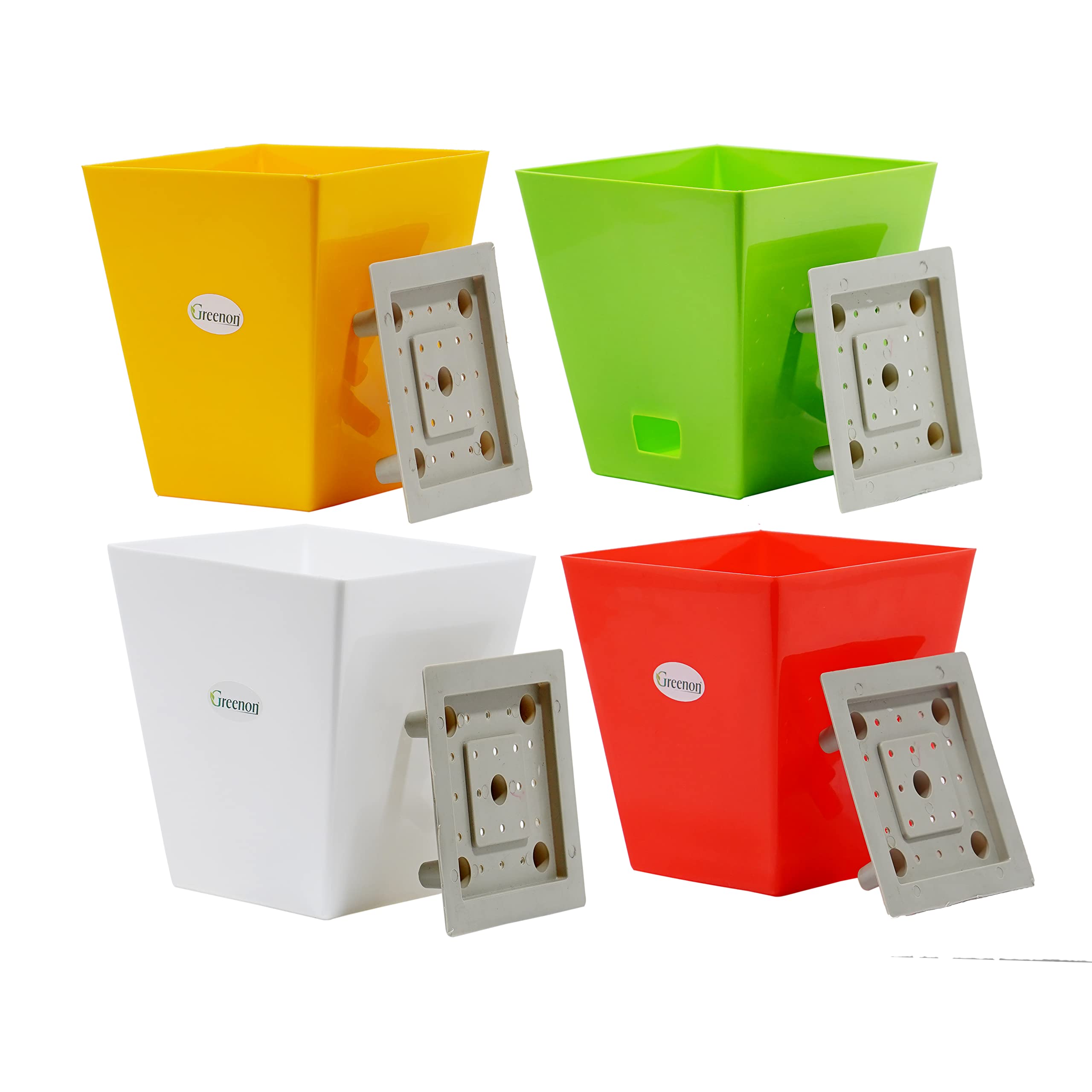 GREENON 7 Inch Plant Pot Set of 4 Square Self Water | UnFadable | Virgin Plastic | Best for Tabletop and Countertop | White, Green, Red, Yellow (B0BKG8LX51) Amazon Price History, Amazon Price Tracker