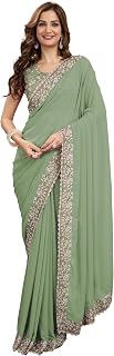 TRENDMALLS Women's Georgette Embroidery Sequin Work Saree with Unstitch Blouse Piece Price In India