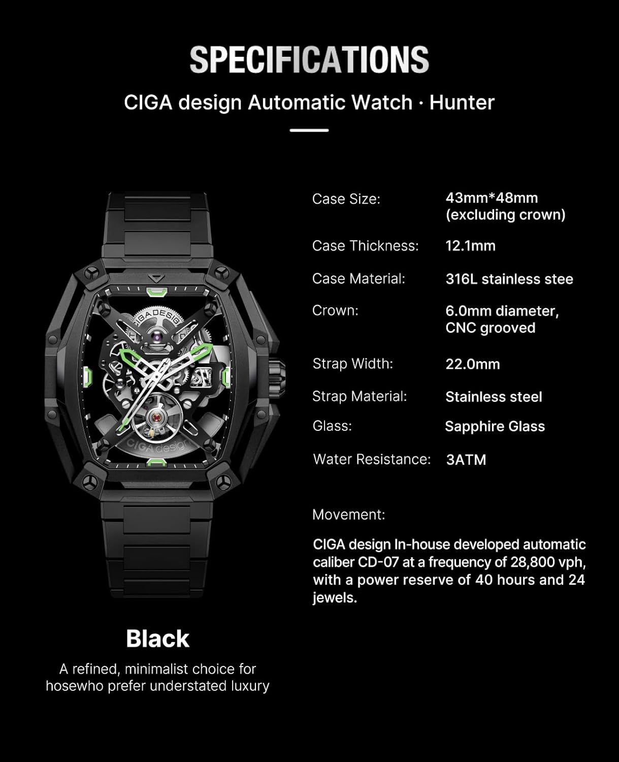 CIGA Design Z Series Hunter Automatic Mechanical Watch, in-House Caliber CD-07, BThree-Layered Octagonal Tonneau, Tapered H-Link Steel Bracelet, Waterproof Timepiece Gifts for Men and Women, Black