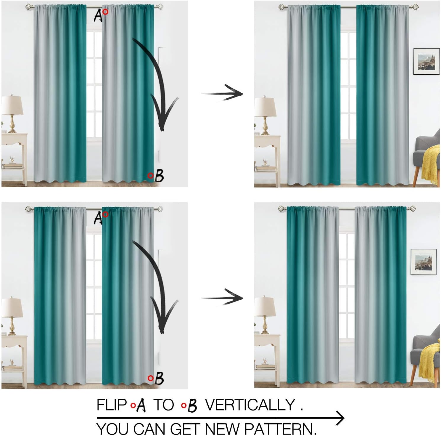 COSVIYA Rod Pocket Ombre Room Darkening Curtains 84 inch Length 2 Panels, Teal and Grayish White Gradient Drapes Light Blocking Insulated Thermal Window Curtains for Bedroom/Living Room,52x84 inches