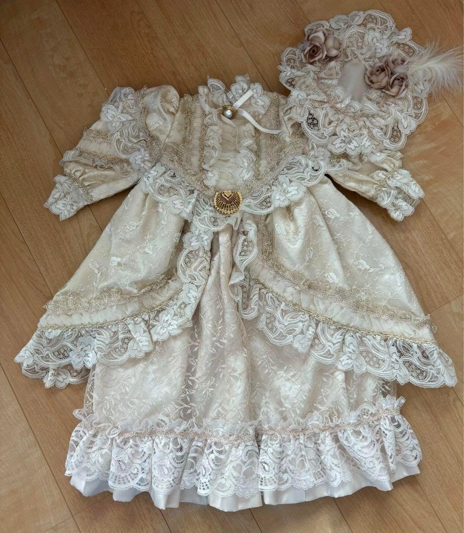 アンティークドール68センチ用ドレス 帽子付き 68センチアンティークドール用のドレス ベージュ色のドレスと帽子