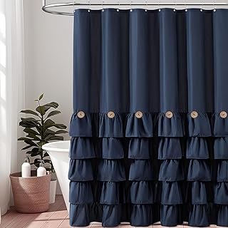 BTTN Navy Blue Ruffle Farmhouse Shower Curtain, Elegant Boho Fabric Shower Curtains for Bathroom with Button, Water Repellent, Modern Shabby Chic Vintage Shower Curtains Set with Plastic Hooks, 72x72