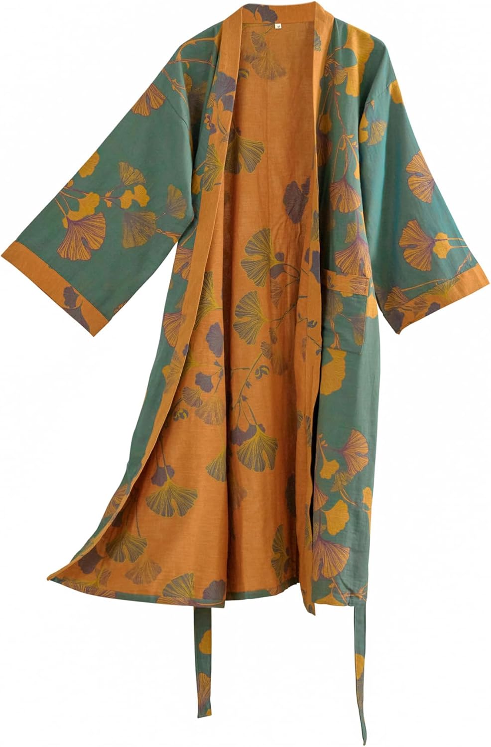 100% Cotton Gauze Ginkgo Leaf Kimono Robe, Long Knit Loose Bathrobe Nightgown Ladie...