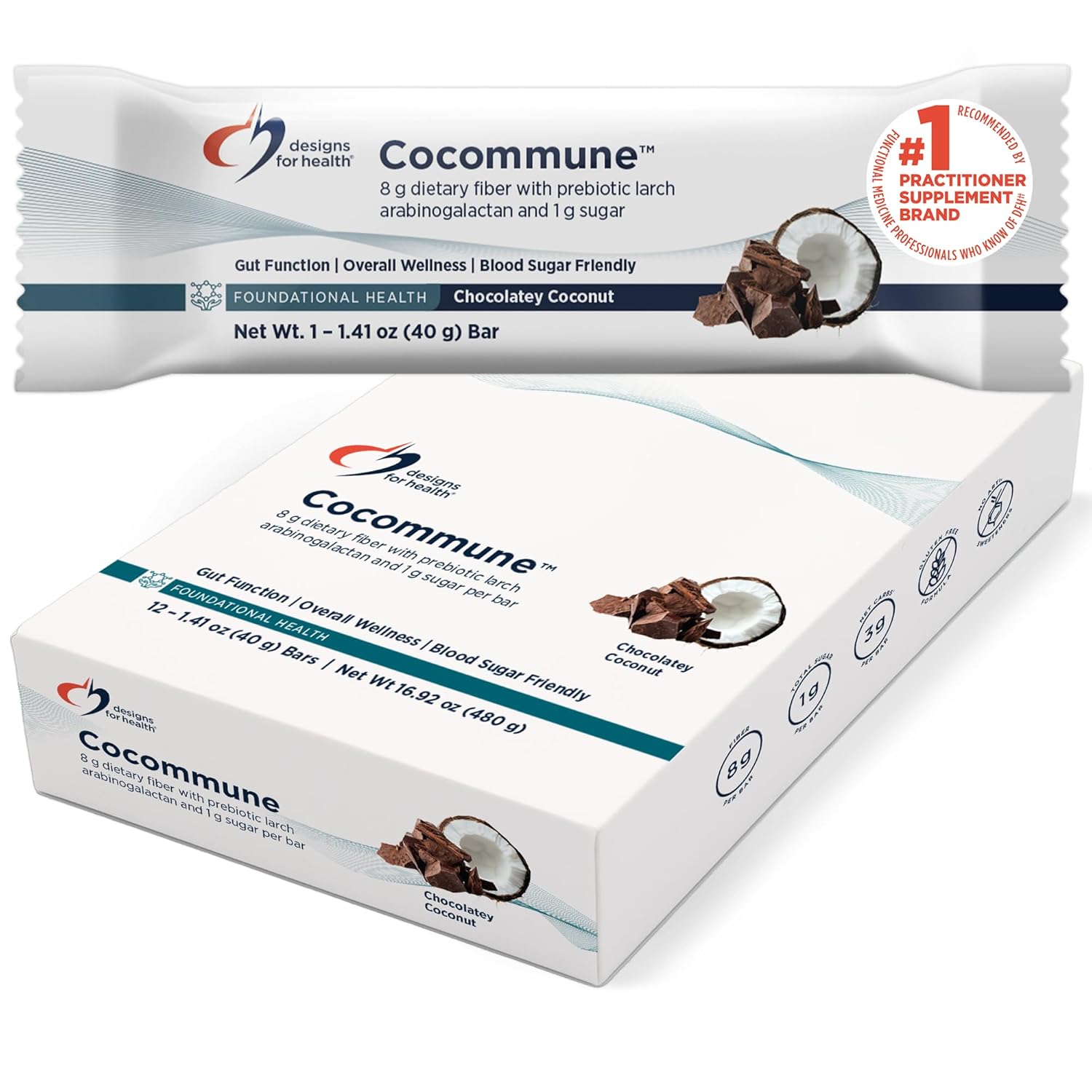 Designs for Health Cocommune Bars (12 Bars) | Prebiotic Fiber Bar with 8 g Fiber for Gut & Digestive Support – Sweetened with Allulose – Vegan, Dairy-Free, Gluten-Free, Non-GMO, 1 g Sugar