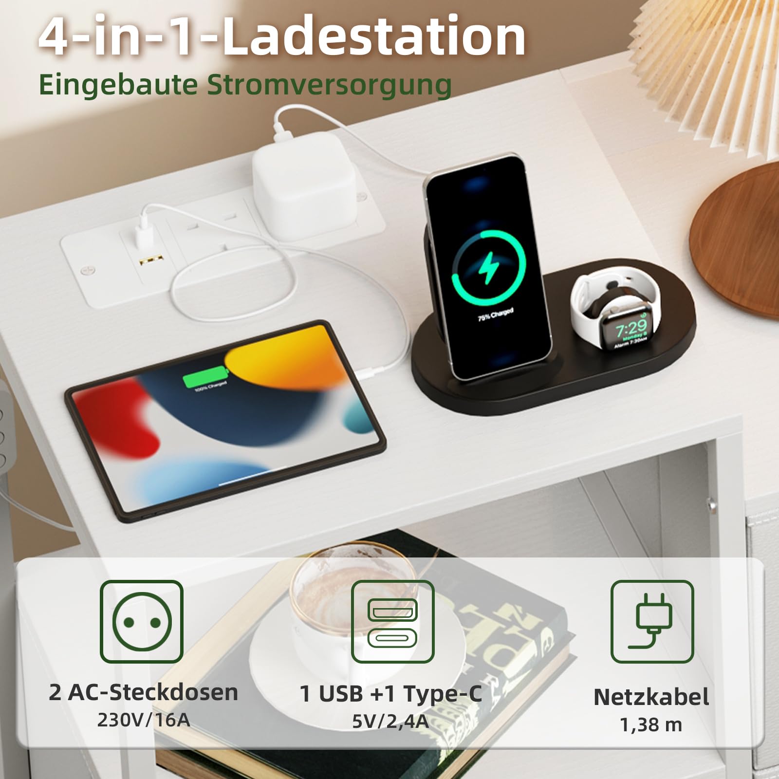 Somdot Kommode Schlafzimmer Wohnzimmer Flur mit Schubladen, Komodenschrank mit LED und Steckdosenleiste (2 AC-Steckdosen, 1USB, 1Type-C), 8 Stoffschubladen, Weiß, 29T x 99B x 70,5H cm