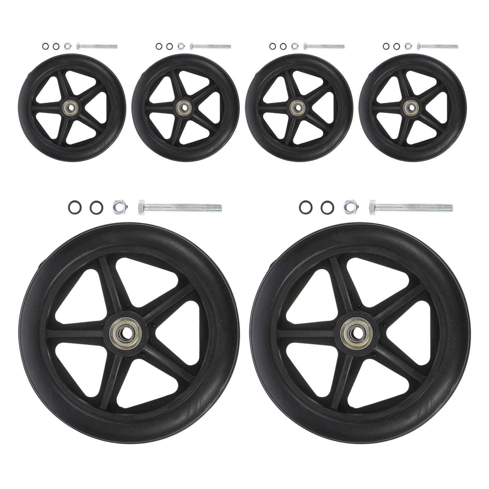 Ruedas de Repuesto Negras para Andadores y Sillas de Ruedas con Rodamientos y Tornillos Preinstalados, Material Abs y Acero para Uso en Interiores y Superficies Planas