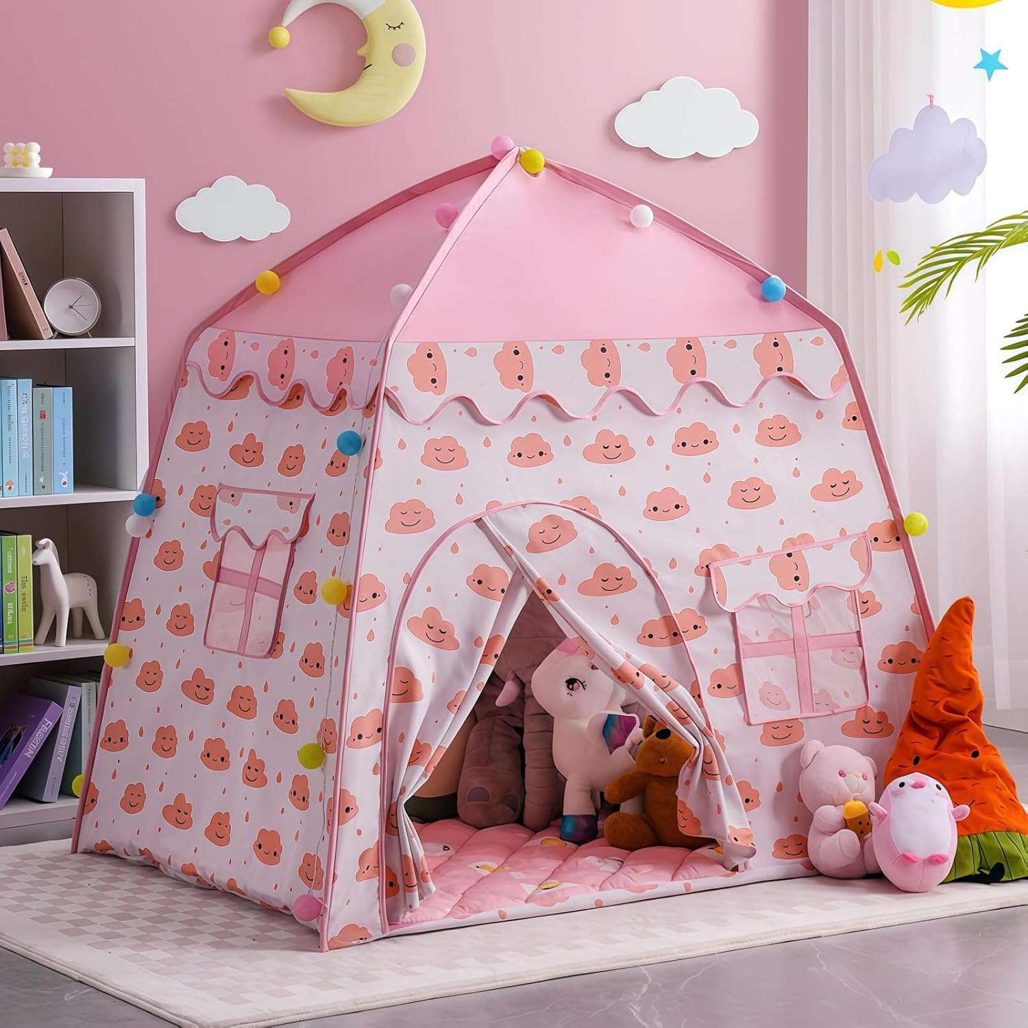子供テント ベビープレイハウス 折り畳み式 秘密基地 知育玩具 簡単に組立 軽量 通気性 柔らかく肌に優しい生地 窓付き DIYで飾