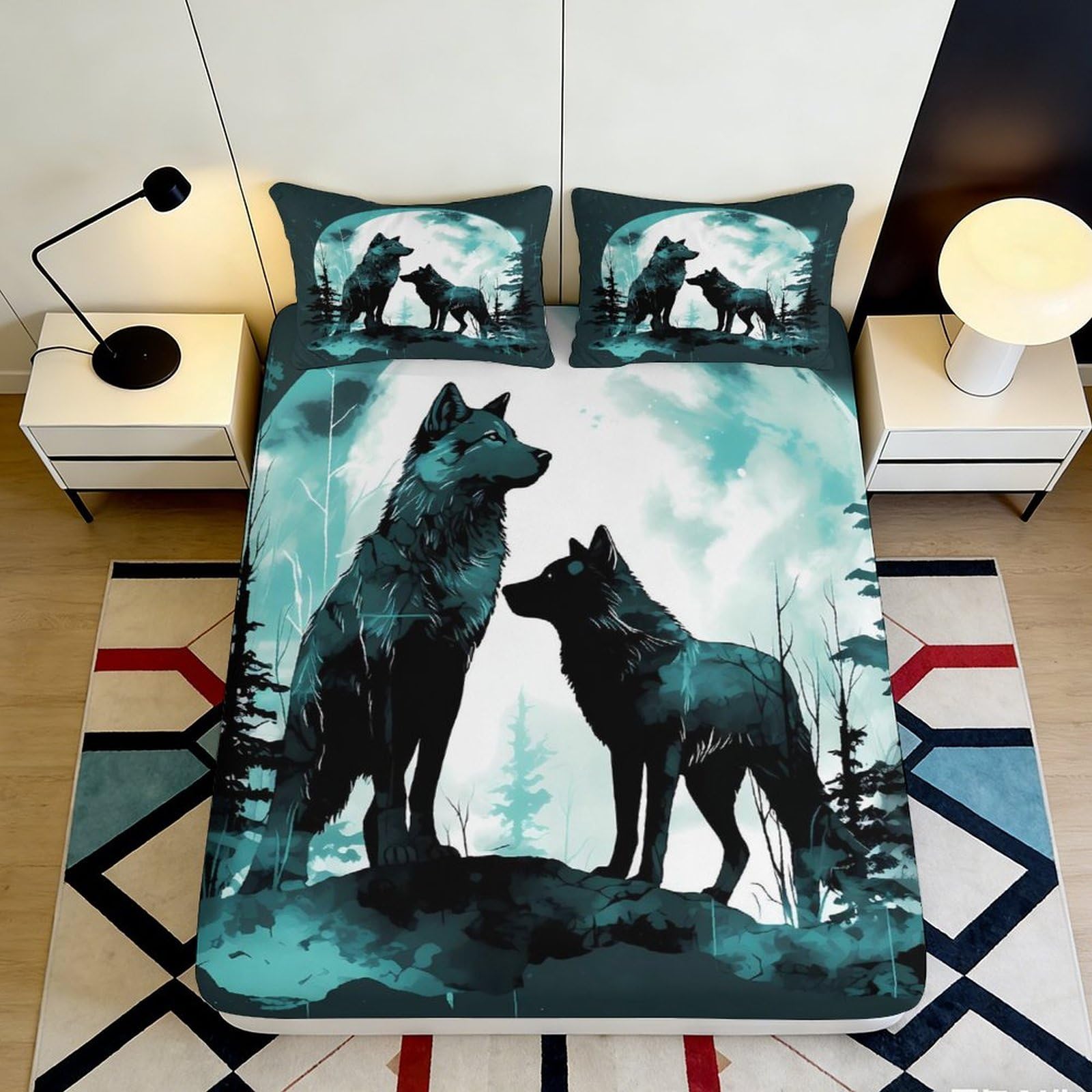Uxinyoume Style-7 3D Printed Wolf Forest Fitted Sheet Microfiber Soft Anti-Slip Mattress Cover Bedroom Decor Machine Washable 90X200x25cm