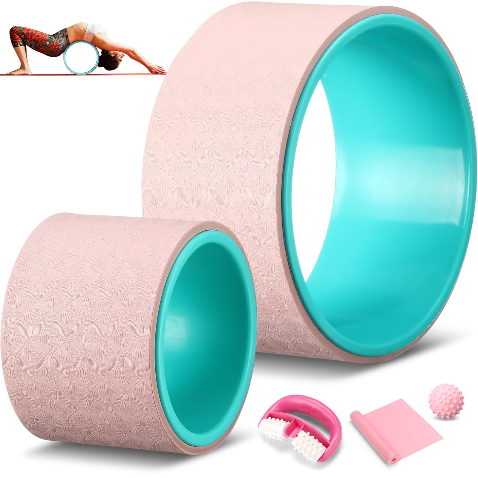 Arrowbash 5-in-1 Pink Yoga Wheel Set Back Stretcher Kit with Foam Roller