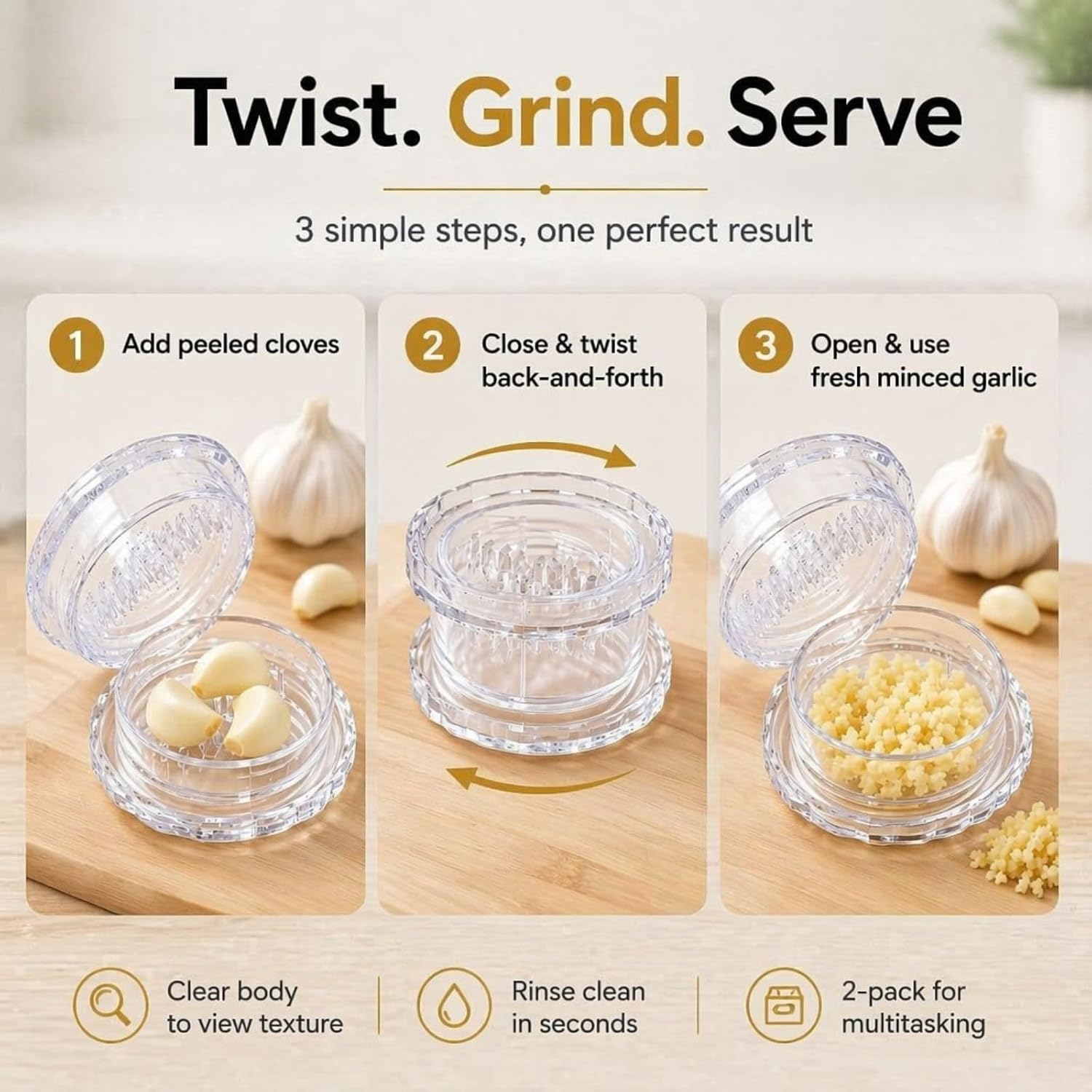 2 Pack Garlic Mincer, Clear Manual Garlic Twister and Ginger Mincer Tool