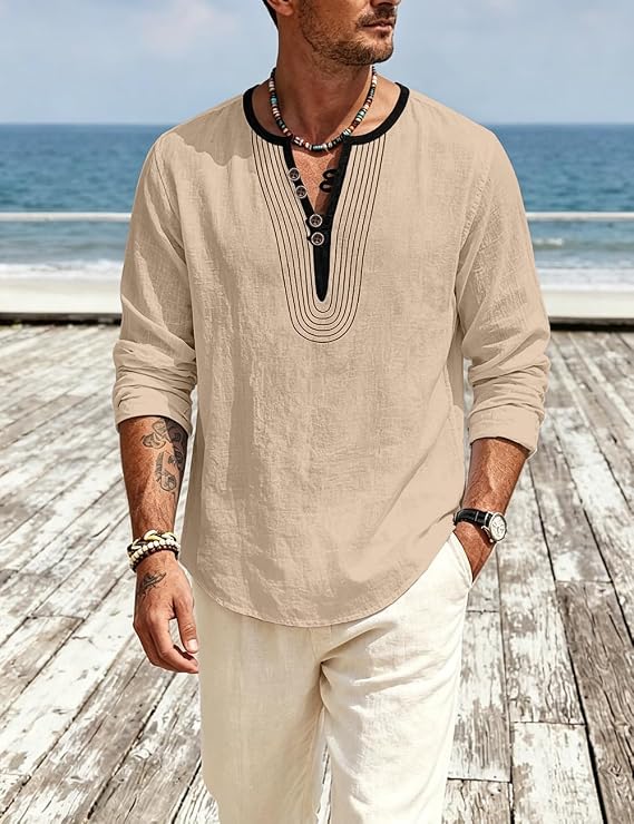Mens Linen Shirts Henley T-Shirts Long Sleeve Tops Casual Beach T-Shirts Yoga Shirts for Men
