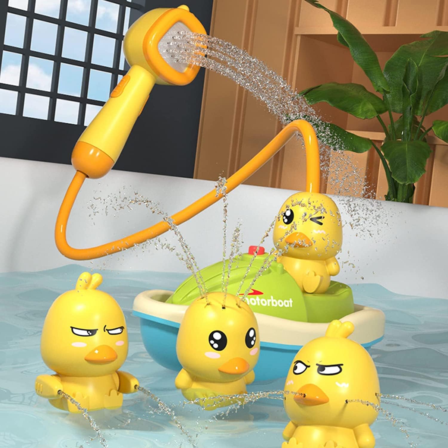 AMERTEER Baby Bath Toy for Toddlers, Electric Spray Bathtub Toy with Cute Duck Design, 3 Spraying Ducks & Shower Head, Floating Boat Toy for Sensory Development, Fun Bath Toy for Boys & Girls