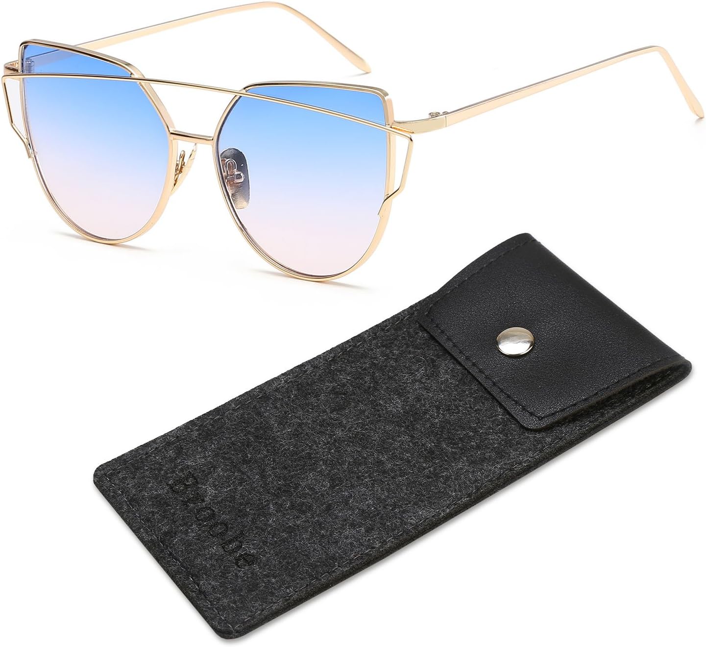 Brooben Cat Eye Mirrored Flat Lenses Street Fashion Metal Frame Women Sunglasses 6627 Gold-Blue Pink