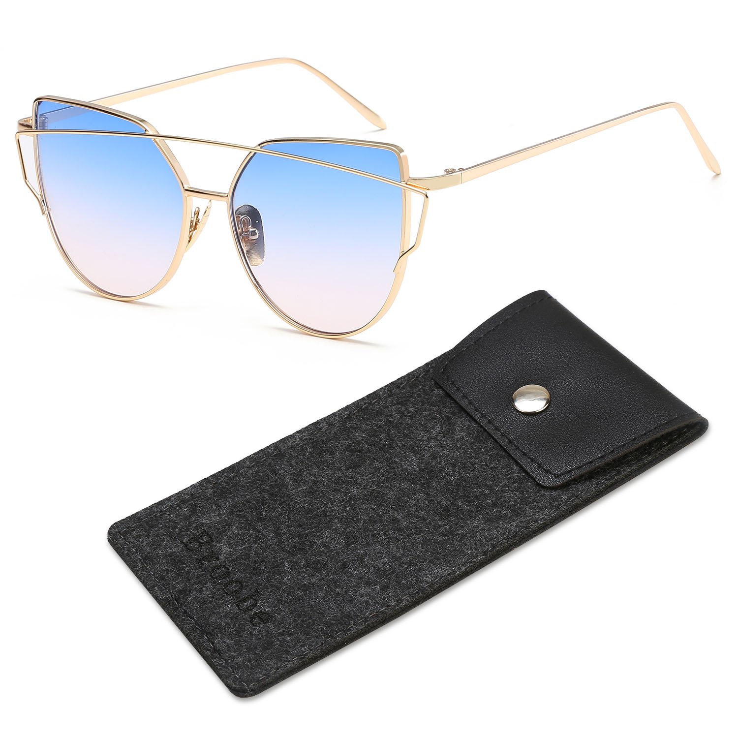 Brooben Cat Eye Mirrored Flat Lenses Street Fashion Metal Frame Women Sunglasses 6627 Gold-Blue Pink