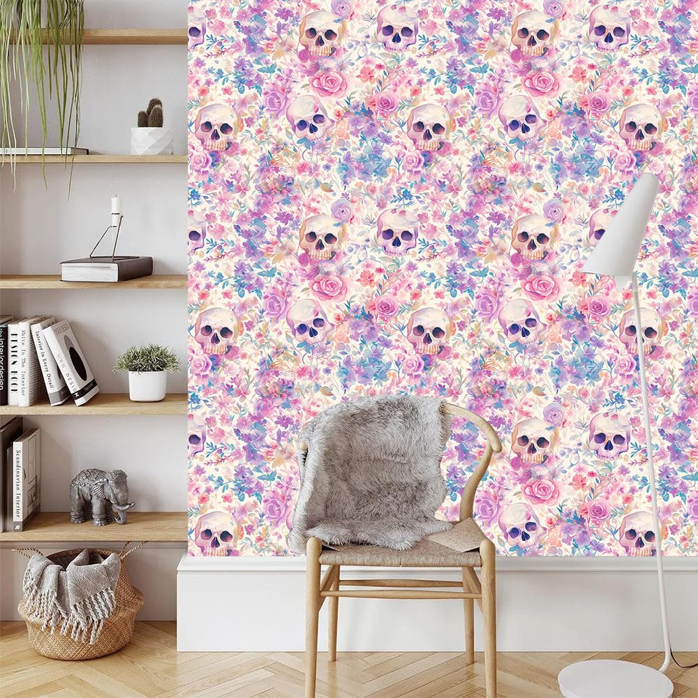 Papel pintado autoadhesivo Flores modernas y coloridasCalavera colorida Papel tapiz adhesivo papel de contacto papel de pared papel de pared fácil de despegar para mesita de noche cajón gabinete inq