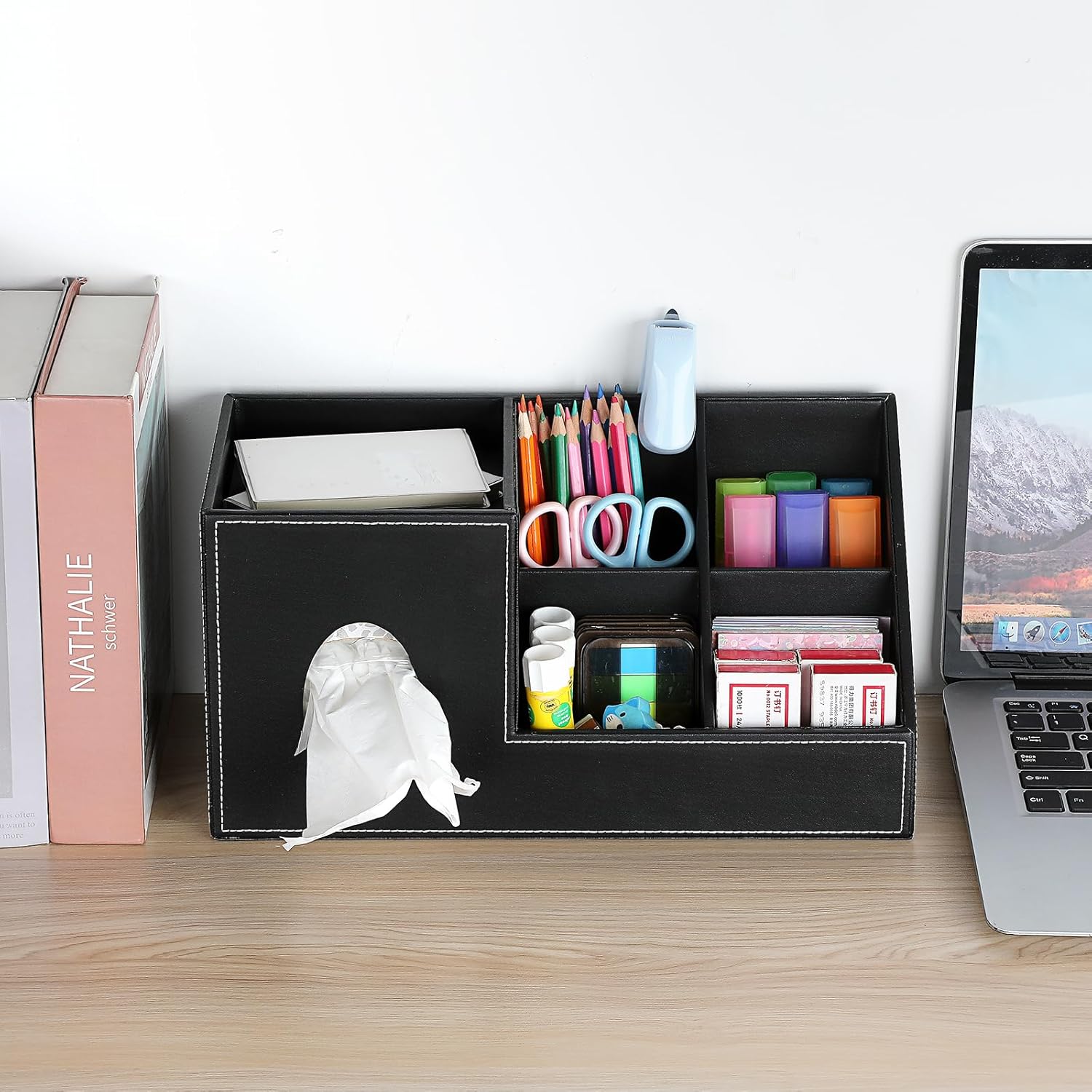 Sumnacon Tissue Box Cover, Square PU Tissue Box Organizer, Leather Tissue Covers with Storage, Stylish Tissue Holders for Bahtroom Living Room Kitchen Dining Table Desk Office, Black