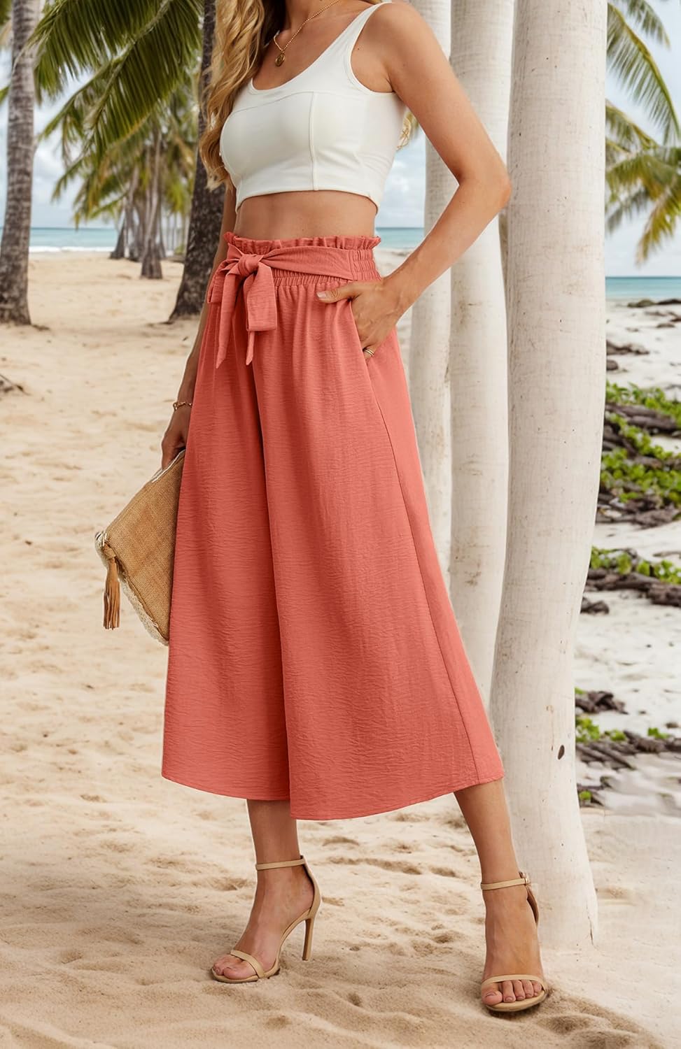 IWOLLENCE Women Flowy Loose Wide Leg Pant Summer Beach Casual Trousers high Waist Adjustable Knot Business Work Casual Pants - Image 3