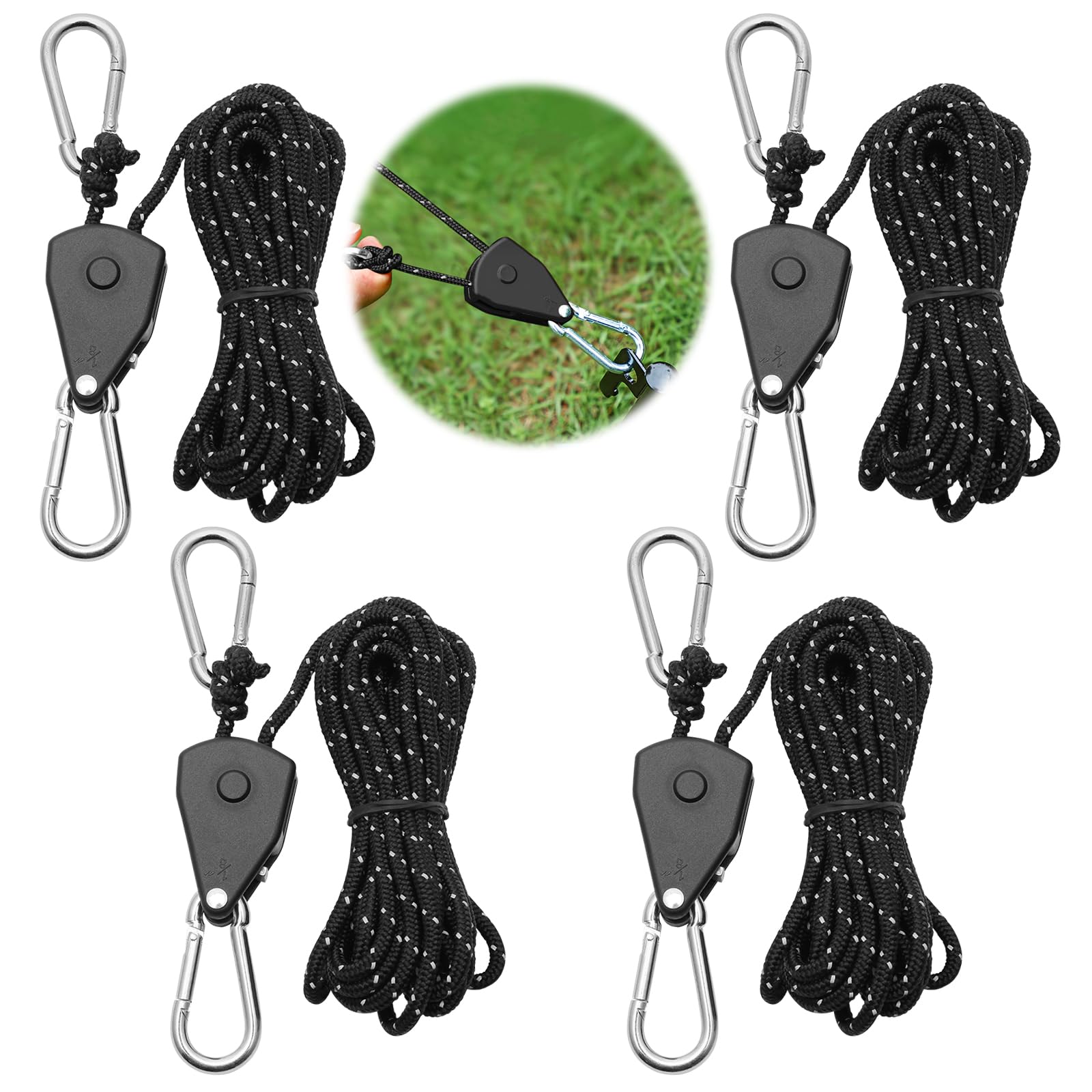 4 Pcs Reflective Tent Guy Ropes, 4 mm Ratchet Ropes with Rope Tensioner, 4 M Adjustable Outdoor Tent Guide Rope Ratchet Hangers for Camping, Hiking, Awning, Grow Lights