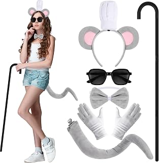 6 PCS Mouse Costume Accessories, Mouse Ears Headband/Glasses/Bowtie/Gloves/Blind Cane, Halloween Costume Accessories Adults