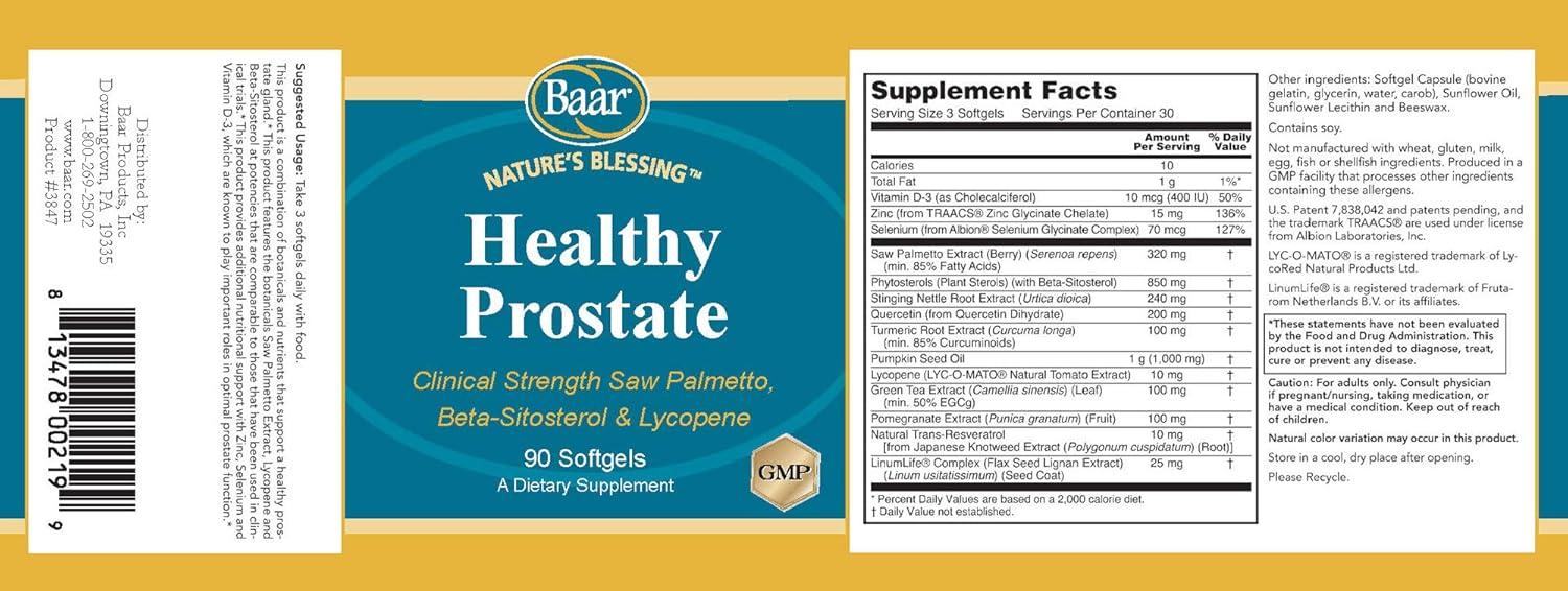 Baar Nature's Blessing Healthy Prostate Softgels, Clinical Strength Saw Palmetto, Beta-Sitosterol & Lycopene, 90 Softgels