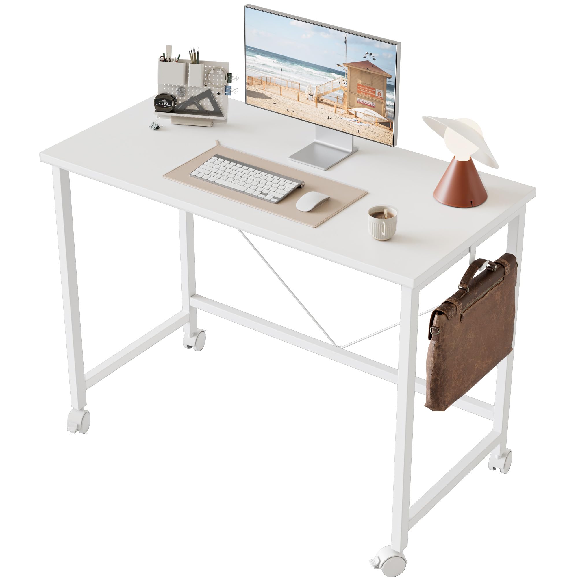 Mericonia Escritorio para Computadora de 100 Cm con Ruedas, Mesa Gaming para Espacios Pequeños, Escritorio de Oficina en Casa de Estilo Minimalista Moderno, Escritorio para Estudiantes, Blanco