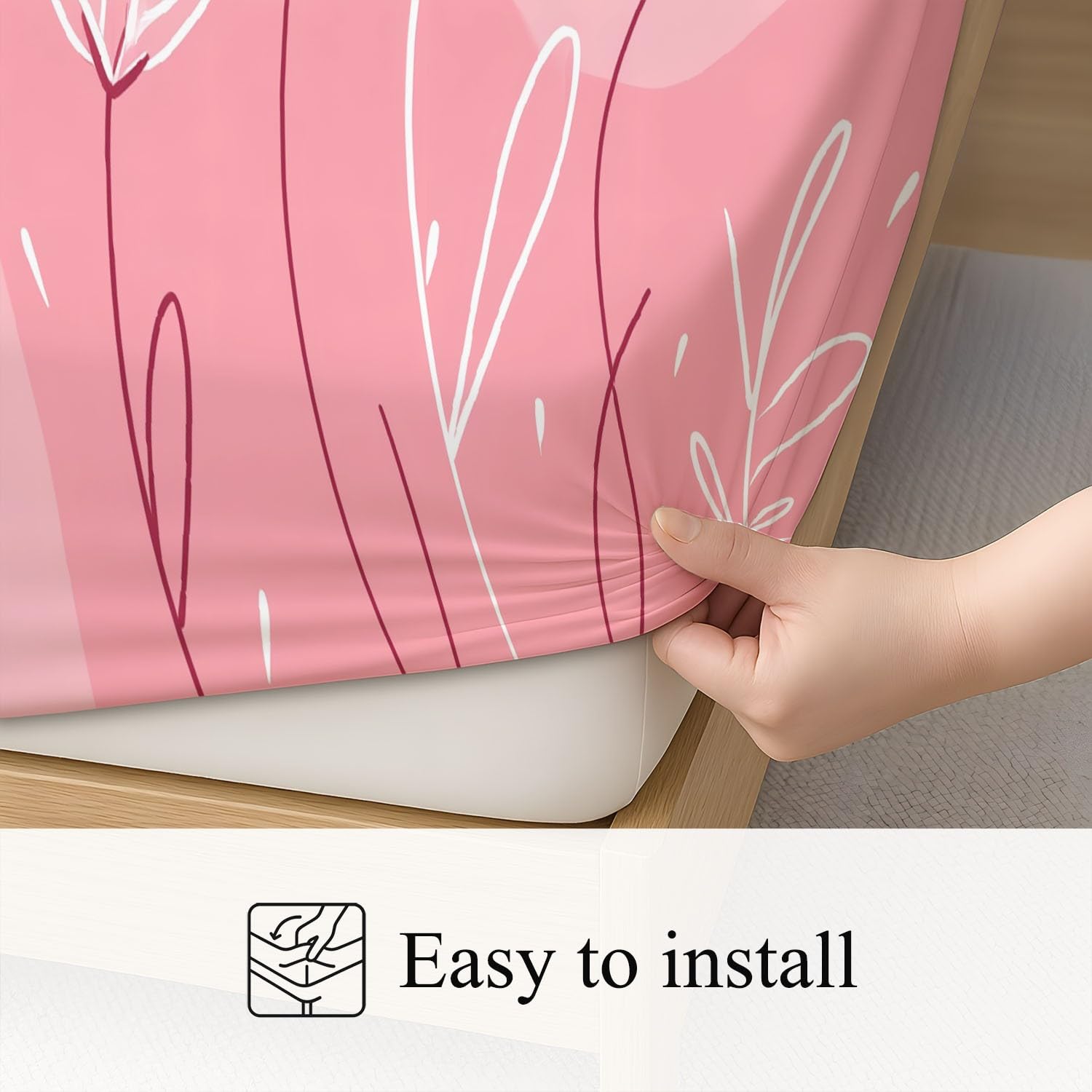 Rosa Sabanas 105 x 190 x 30 Cama 105 para Colchón de 30 cm de Altura Sabanas Ajustable Suave Transpirable Sabanas para Adultos y Ninos Minimalista Bonito Tulipanes Dibujado A Mano