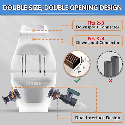 Miniatura 3 de Sistema de recolección de agua de lluvia, desviador de lluvia para bajantes estándar de 2 x 3 pulgadas y 3 x 4 pulgadas, con espiga de PVC 34 y