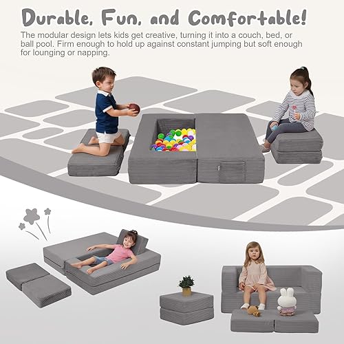Miniatura 36 de MeMoreCool Sofá modular para niños, sofá convertible suave para niños, silla de espuma de felpa plegable gris para diversión en la sala de juegos de