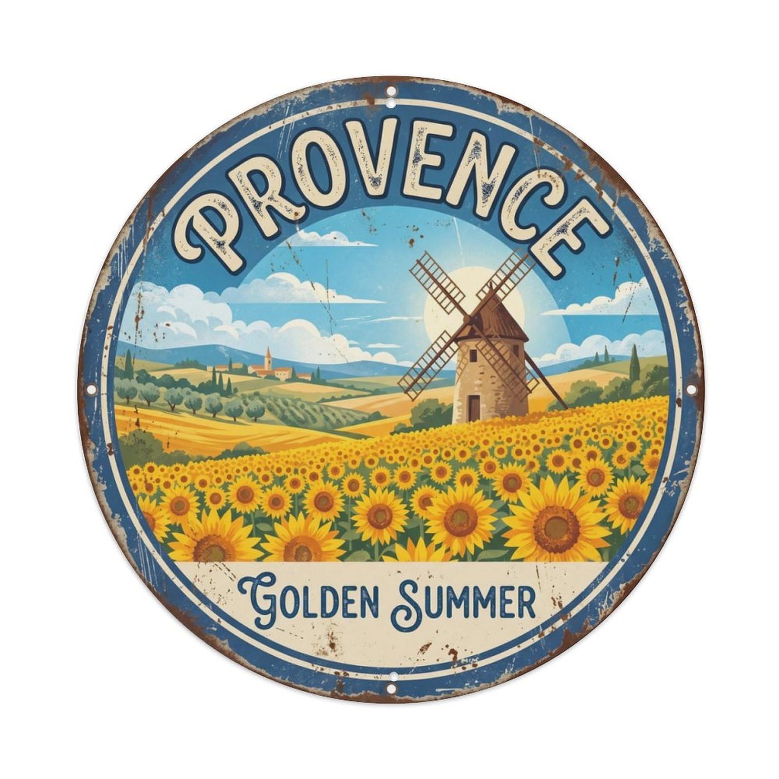 Vintage Travel Sunflower Provence France Metal Tin Sign Plaque Wall Decor for Cafe, Club Bar, Office, Home Garden Round Metal Poster 8x8Inch